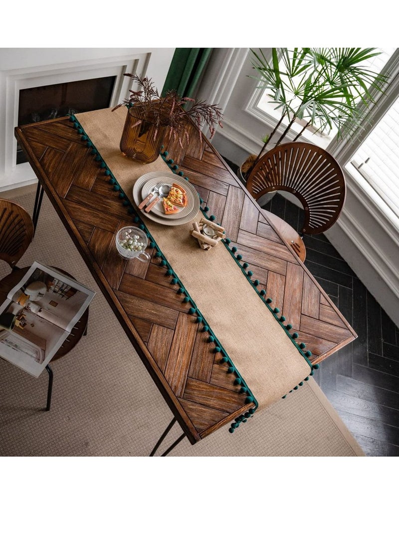 SYOSI Jute Burlap Table Runner, Rustic Tablecloth with Ball Fringe for Home Praty Table Decoration (Green,30×180cm) - Image 3