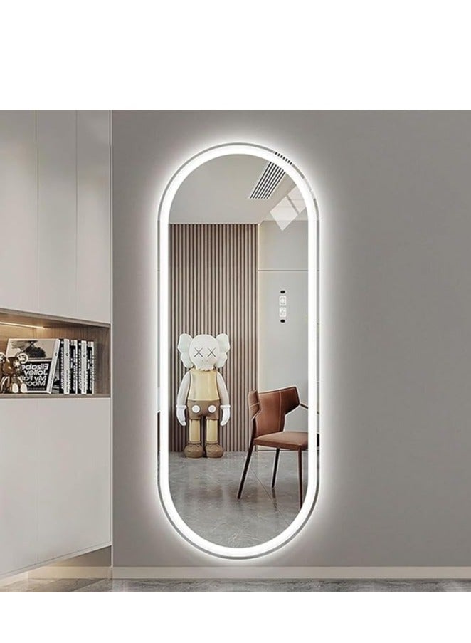 فيبارتي مرآة بيضاوية مضاءة بإضاءة LED كاملة الطول 160 × 60 سم، مرآة طويلة قائمة بذاتها مع إضاءة خافتة و3 ألوان، شكل بيضاوي مثبت على الحائط، تحكم ذكي باللمس - مرآة حديثة لكامل الجسم لغرفة النوم، وغرفة الملابس، والحمام، والصالون، والمتجر، وديكور المنزل، مرآة زينة، مثبتة على الأرض أو على الحائط، إضاءة أنيقة قابلة للتعديل للمكياج والعناية - Image 1