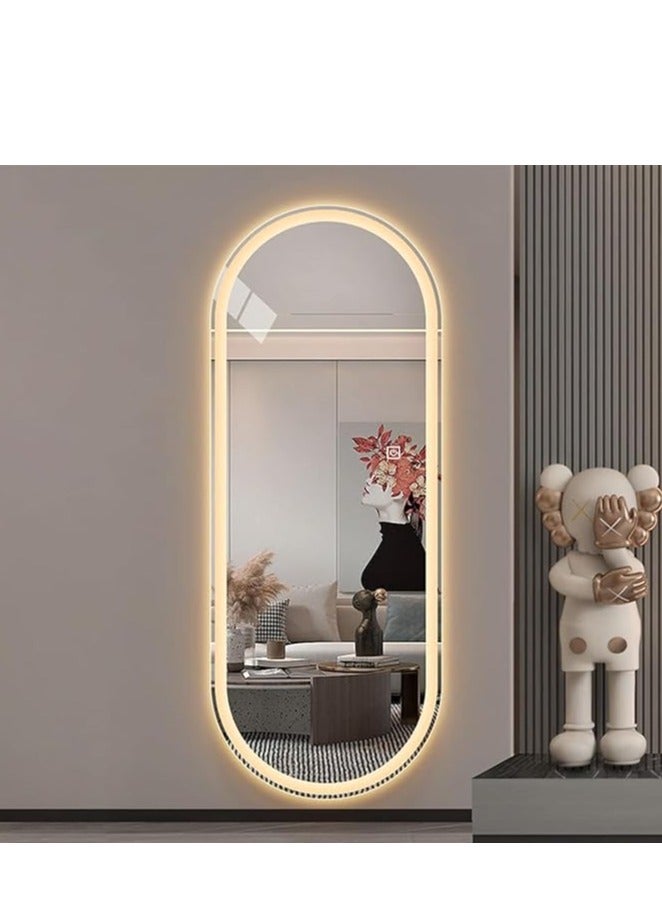 فيبارتي مرآة بيضاوية مضاءة بإضاءة LED كاملة الطول 160 × 60 سم، مرآة طويلة قائمة بذاتها مع إضاءة خافتة و3 ألوان، شكل بيضاوي مثبت على الحائط، تحكم ذكي باللمس - مرآة حديثة لكامل الجسم لغرفة النوم، وغرفة الملابس، والحمام، والصالون، والمتجر، وديكور المنزل، مرآة زينة، مثبتة على الأرض أو على الحائط، إضاءة أنيقة قابلة للتعديل للمكياج والعناية - Image 2