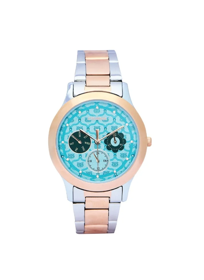 تشامباك Ocean Owl Monogram Metal Watch, Steel & Rosegold strap with Teal Dial