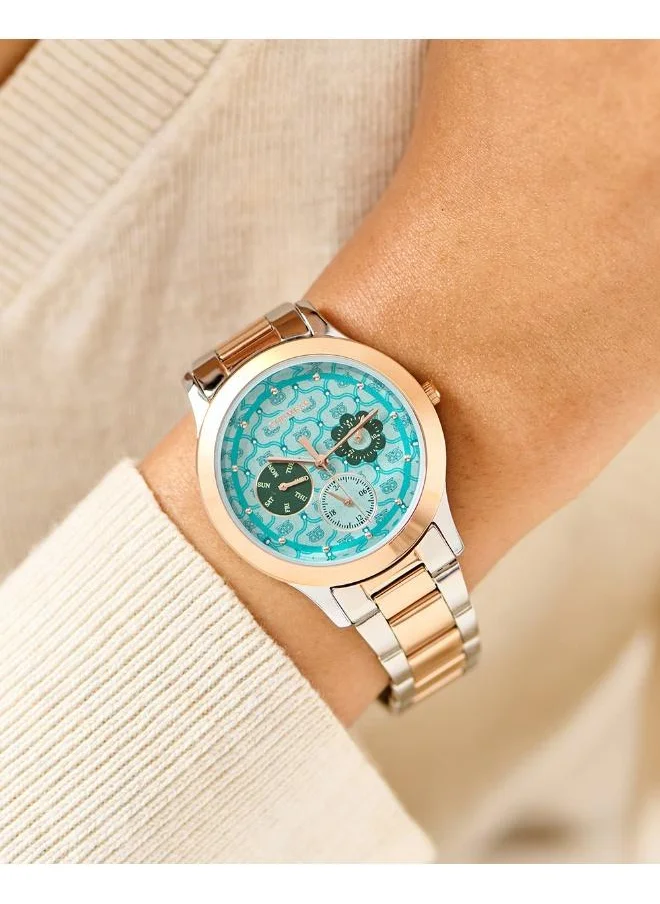 تشامباك Ocean Owl Monogram Metal Watch, Steel & Rosegold strap with Teal Dial