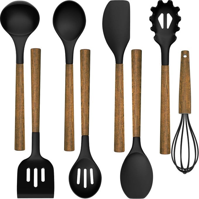 COOKING UTENSILS SET 8 PCS KITCHEN UTENSIL SET WITH WOODEN HANDLE BLACK SILICONE KITCHEN UTENSIL ACCESSORIES NONSTICKY HEAT RESISTANT EASY CLEANING UTENSIL SET