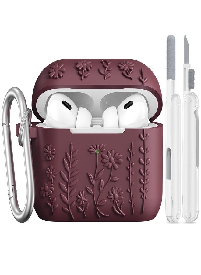 AIRSPO for AirPods Pro 3 Case (2025), Compatible with Airpod Pro 3rd Generation Case, 3D Floral Embossed Soft Silicone Protective Cover, Featuring a Cleaner Kit and Keychain (Wine Red) - Image 1