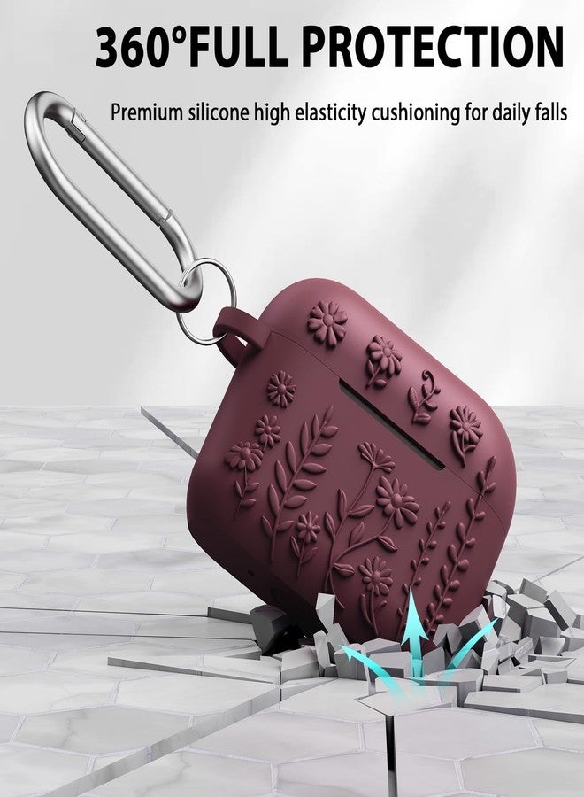 AIRSPO for AirPods Pro 3 Case (2025), Compatible with Airpod Pro 3rd Generation Case, 3D Floral Embossed Soft Silicone Protective Cover, Featuring a Cleaner Kit and Keychain (Wine Red) - Image 3