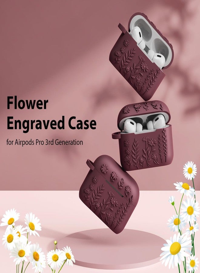 AIRSPO for AirPods Pro 3 Case (2025), Compatible with Airpod Pro 3rd Generation Case, 3D Floral Embossed Soft Silicone Protective Cover, Featuring a Cleaner Kit and Keychain (Wine Red) - Image 2