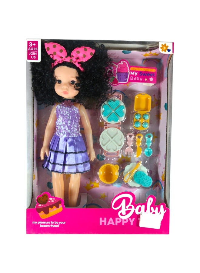 Baby Happy doll with kitchen accessories, curly black hair, purple dress, and colorful eating utensils, for children 3 years and older. - Image 1