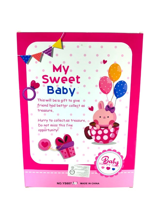 Baby Happy doll with kitchen accessories, curly black hair, purple dress, and colorful eating utensils, for children 3 years and older. - Image 3