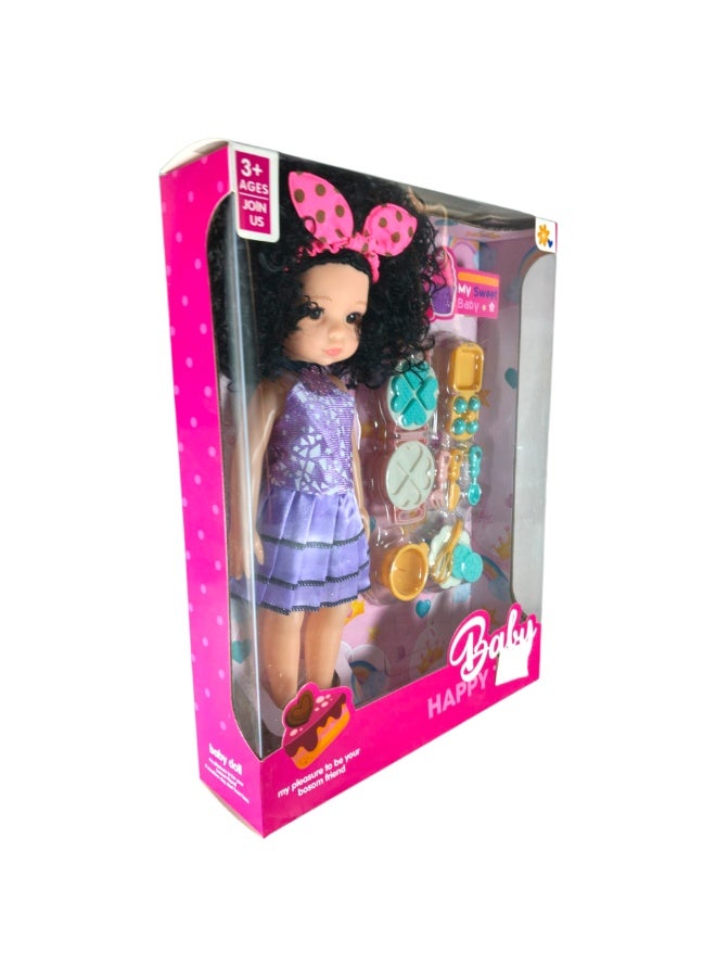 Baby Happy doll with kitchen accessories, curly black hair, purple dress, and colorful eating utensils, for children 3 years and older. - Image 2
