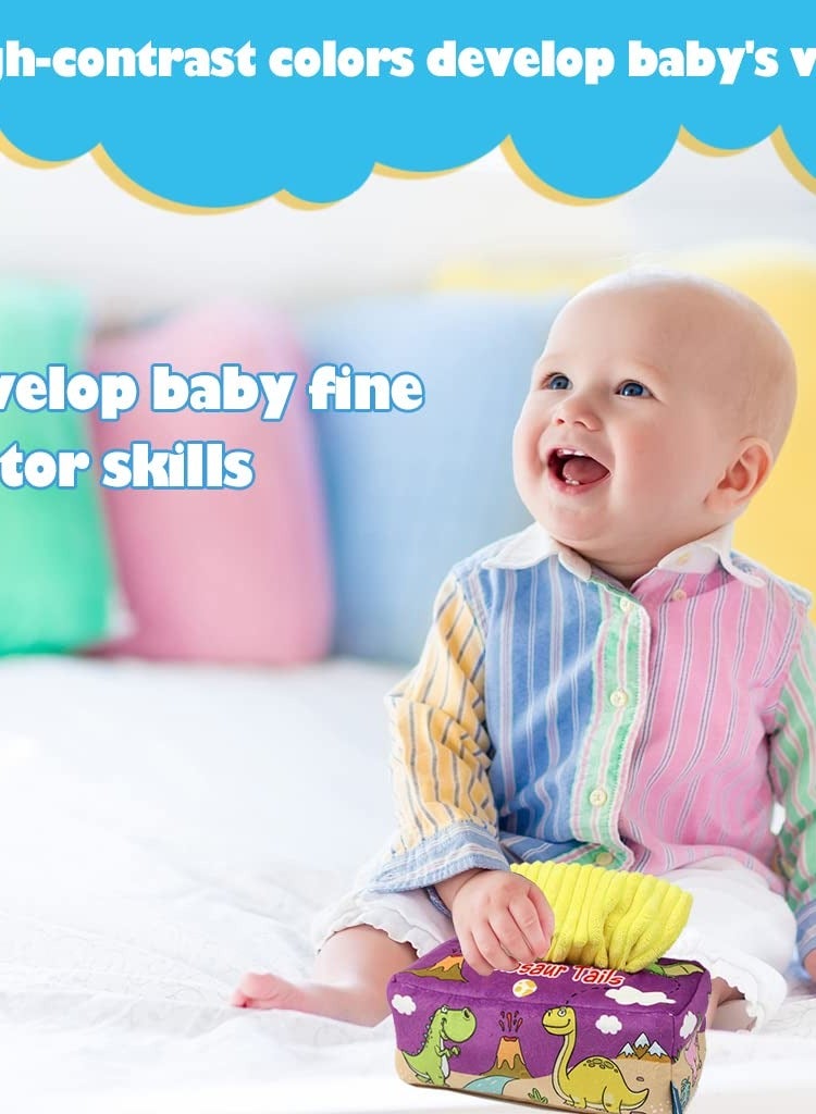 Soft Paper Box Toys for Babies, Montessori Sensory Soothing Toys with Ringing Paper, Creative Hands-on Play for 6-12 Months Old Boys and Girls (Dinosaur Design) - Image 3