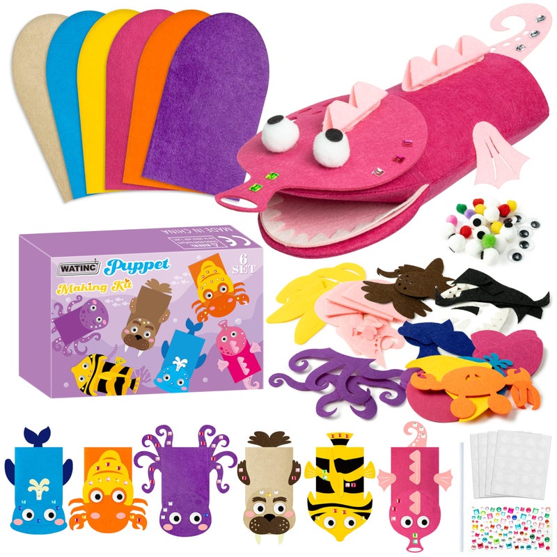 WATINC 6Pcs Hand Puppet Making Kit Art Craft Felt Sock Puppet Toys Creative DIY Make Your Own Pompoms Wiggle Googly Eyes Storytelling Role Play Party Supplies Gift for Girls Boys Ocean Animals B - Image 3