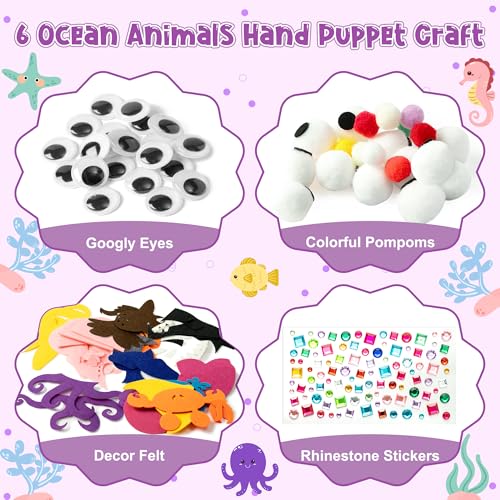 WATINC 6Pcs Hand Puppet Making Kit Art Craft Felt Sock Puppet Toys Creative DIY Make Your Own Pompoms Wiggle Googly Eyes Storytelling Role Play Party Supplies Gift for Girls Boys Ocean Animals B - Image 5
