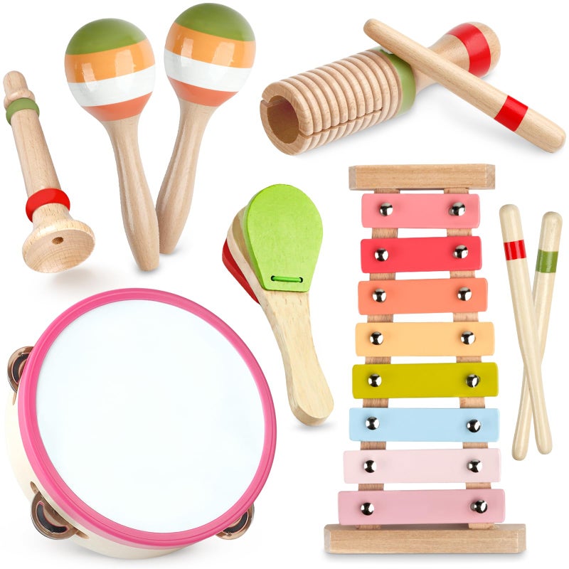 Rmischolar Baby Musical Instruments Montessori Wooden Musical Toys for Toddlers 13 Xylophone Maracas Tambourine Percussion Set Kids Preschool Music Learning Toys Educational Birthday Gifts Rainbow - Image 3