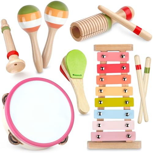 Rmischolar Baby Musical Instruments Montessori Wooden Musical Toys for Toddlers 13 Xylophone Maracas Tambourine Percussion Set Kids Preschool Music Learning Toys Educational Birthday Gifts Rainbow - Image 1