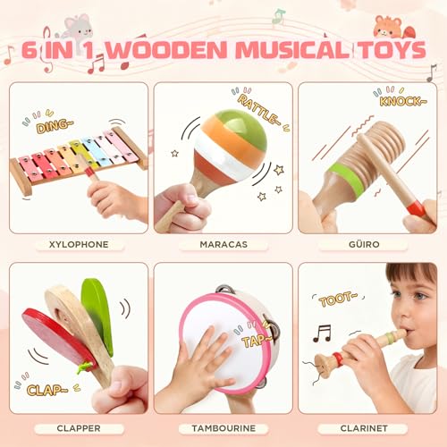 Rmischolar Baby Musical Instruments Montessori Wooden Musical Toys for Toddlers 13 Xylophone Maracas Tambourine Percussion Set Kids Preschool Music Learning Toys Educational Birthday Gifts Rainbow - Image 5