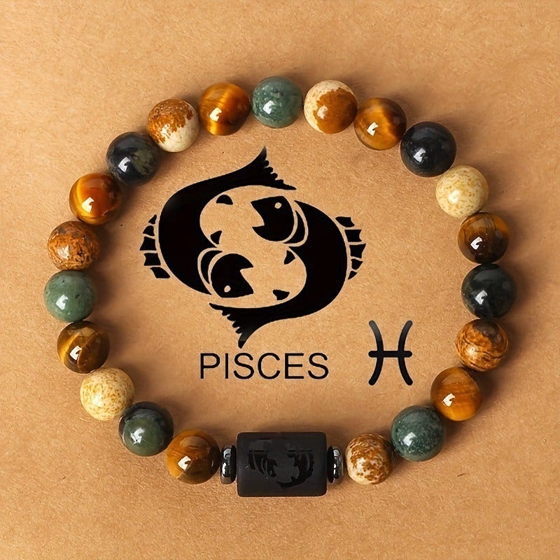 12 Zodiac Sign Bracelet with 8mm Tiger Eye Stone - Handmade Natural Beaded Charm
