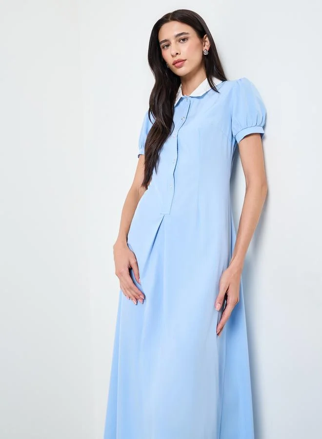 ستايلي Blue A-Line Midi Dress with Puff Sleeves