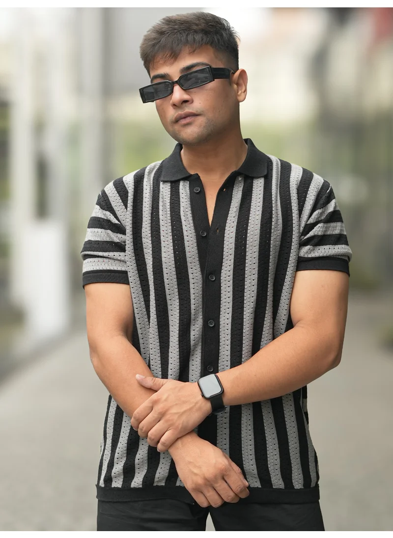 Maniac Maniac Mens Half Sleeve Black and Grey Flat Knit Cotton Shirt