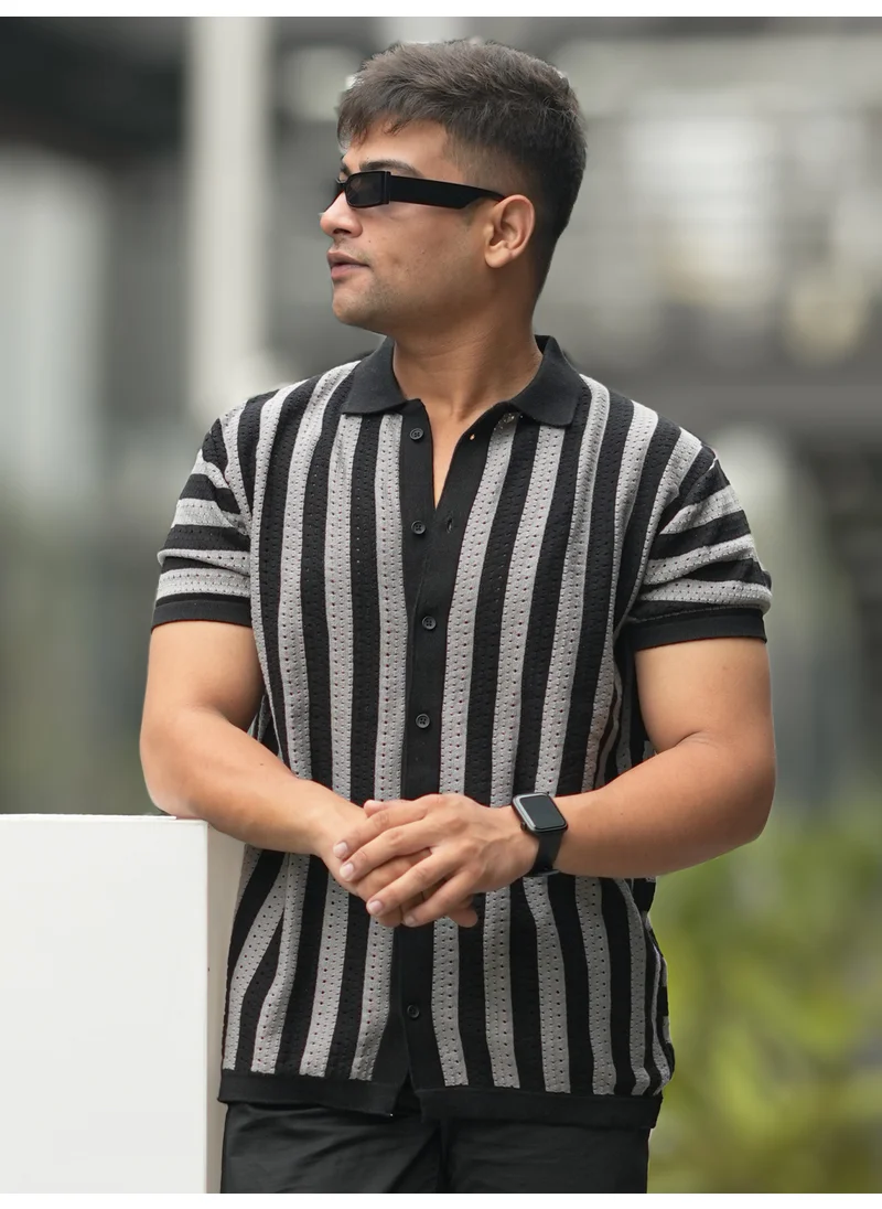 Maniac Maniac Mens Half Sleeve Black and Grey Flat Knit Cotton Shirt