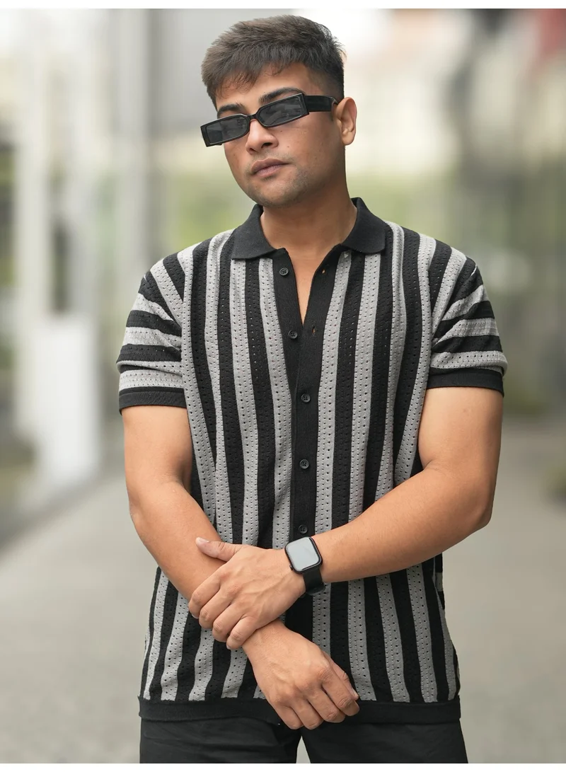 Maniac Maniac Mens Half Sleeve Black and Grey Flat Knit Cotton Shirt