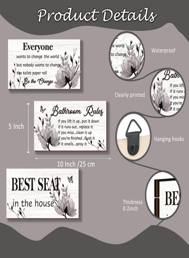 DONFENTHY 3 Pieces Black Bathroom Decor Bathroom Rules Wall Art Black Flower Bathroom Rules Signs Best Seat in The House Rustic Farmhouse Wooden Sign for Bathroom Toilet Wall Decor (Black 10x5 Inch) - Image 3