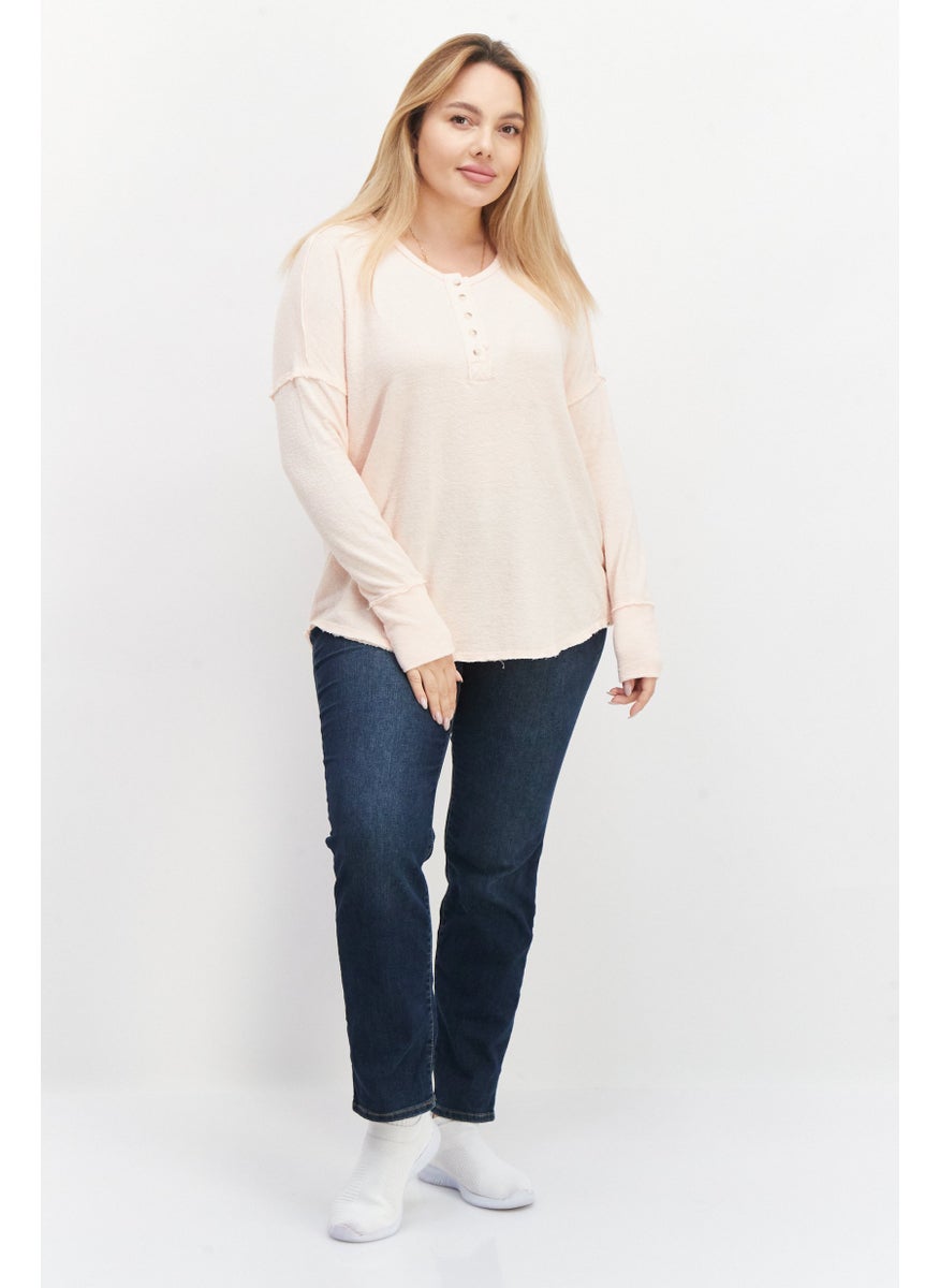 Billabong - Women Round Neck Long Sleeve Textured Top, Peach - Image 1