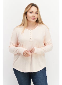 Women Round Neck Long Sleeve Textured Top, Peach