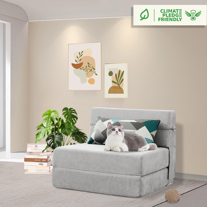 ANONER Folding Sofa Bed Couch Memory Foam Fold Out Chair Bed with Pillow, Single Size Convertible Sofa Bed Futon Sleeper Chair, Light Gray - Image 4