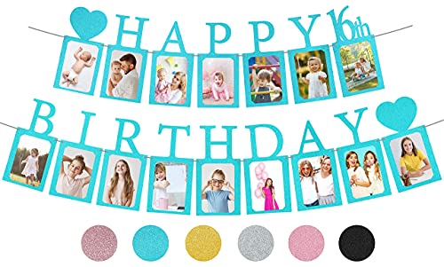 PartyHooman Sweet 16 Birthday Decorations Photo Banner in Blue Preassembled Sweet 16 Banner WITH Sixteen Photo Card Frames Party Supplies Happy 16th birthday decorations for girls with 16 Signs - Image 1