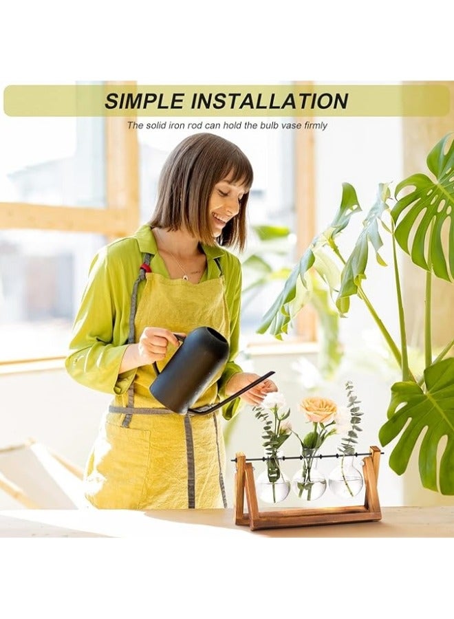 مزهرية نبات مع حامل خشبي، زهرة معمرة زجاجية على شكل لمبة مع حامل دوار معدني على الطاولة بطراز عتيق لتصميمات الزراعة في الماء في المنزل والحديقة والمكتب - 3 لمبات زجاجية. - Image 3
