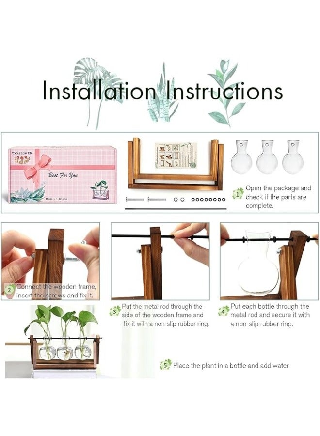 مزهرية نبات مع حامل خشبي، زهرة معمرة زجاجية على شكل لمبة مع حامل دوار معدني على الطاولة بطراز عتيق لتصميمات الزراعة في الماء في المنزل والحديقة والمكتب - 3 لمبات زجاجية. - Image 2