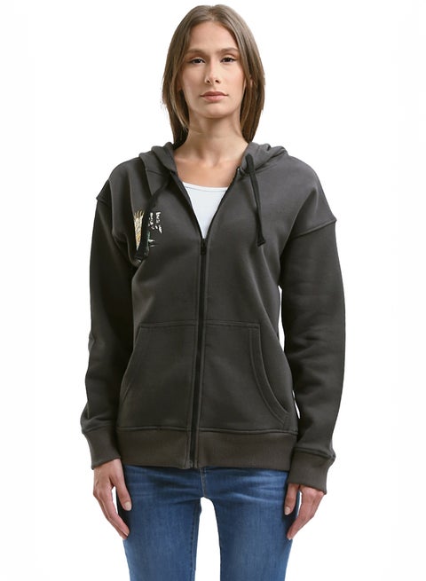 Long Sleeves Printed Dark Grey Zipped Sweatshirt