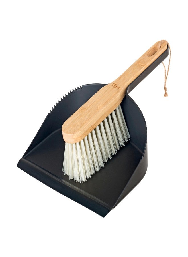 Vigar Vintage Mini Bamboo Broom with Dustpan Combo Set, Small Dust Pan and Brush Set for Dust, Pet Hair, Car, and Crumb, House, Kitchen Broom, Black - Image 1