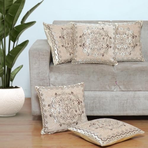 HOMECROWN Velvet Cushion Covers Set of 5 – 16x16 Inches, Embroidered Sofa Pillow Covers for Home, Living Room & Bedroom (Beige) - Image 1