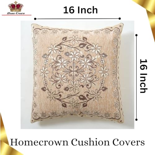 HOMECROWN Velvet Cushion Covers Set of 5 – 16x16 Inches, Embroidered Sofa Pillow Covers for Home, Living Room & Bedroom (Beige) - Image 4