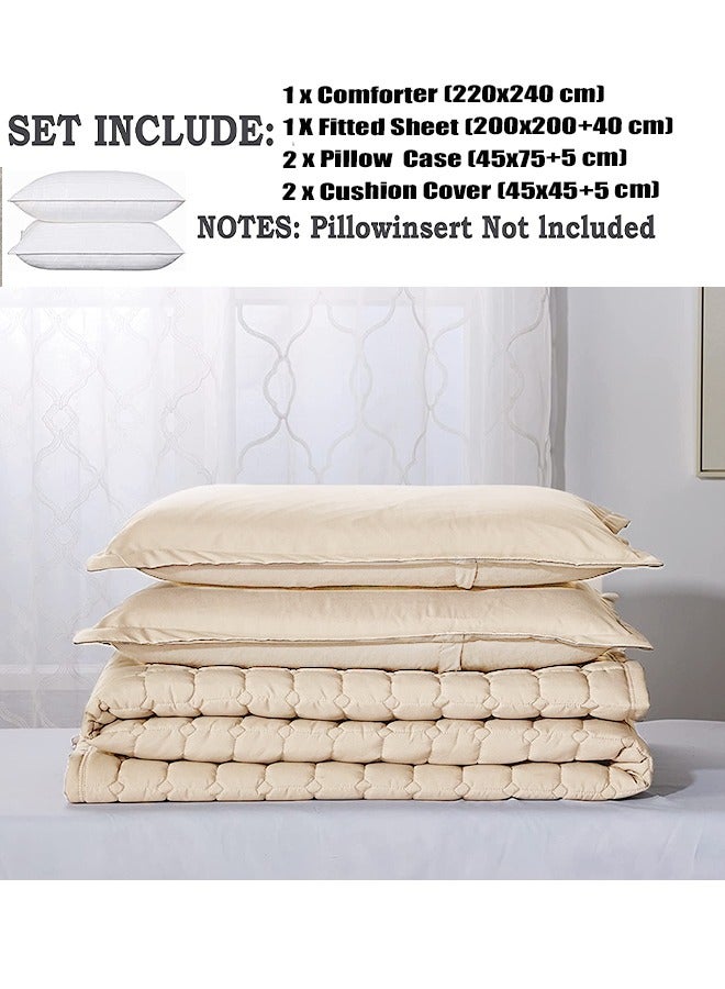 Arabest 6-Piece Quilted Compressed Comforter Set For All Season Microfiber Cream King 220x240cm  - Image 3