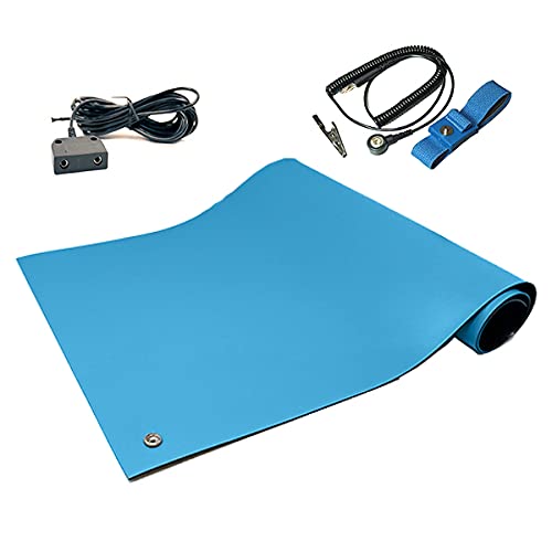Static Care RubberStat Dual Layer ESD Compliant Workstation Rubber Table Mat Kit, Soldering, Cell Phone Repair, with Wrist Strap Set and Ground Cord - 36"x16" Blue - Image 1