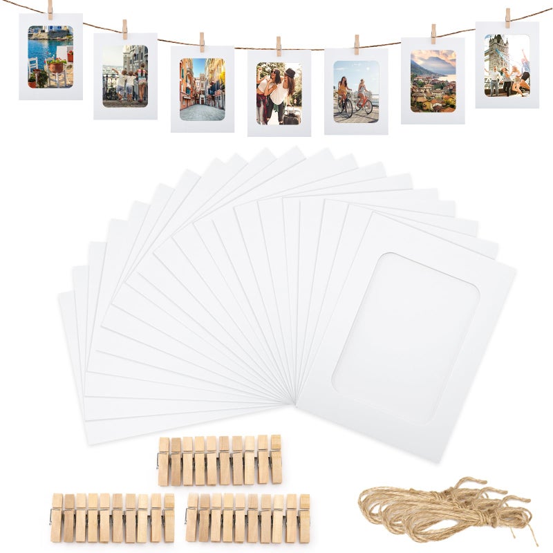 Anwyll Paper Picture Frames 4""x6"" 30 Pcs White Paper Photo Frames Cardboard Picture Frames with Clips and Strings DIY Clip Photo Holders Photo Hanging Display Kit Wall Decor for Home Party Office - Image 1