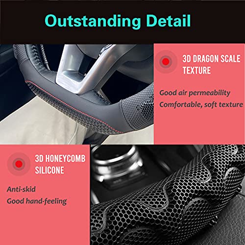 PINCTROT D Shaped 14.5-15 Inch Steering Wheel Cover Great Grip with 3D Honeycomb Anti-Slip Design, Flat Bottom 14.5-15 Inch (Black/Red Stitch) - Image 3