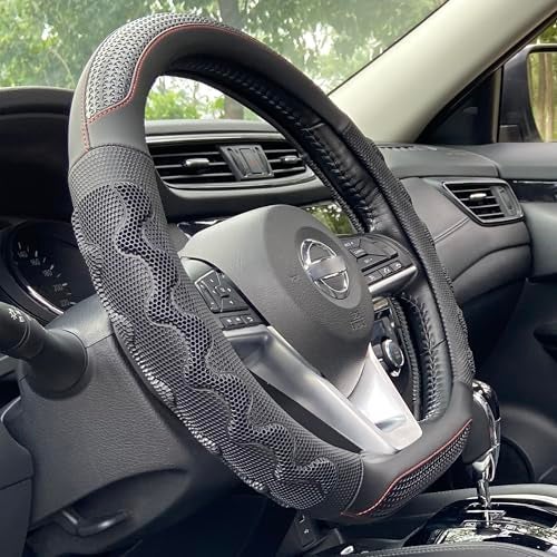 PINCTROT D Shaped 14.5-15 Inch Steering Wheel Cover Great Grip with 3D Honeycomb Anti-Slip Design, Flat Bottom 14.5-15 Inch (Black/Red Stitch) - Image 1