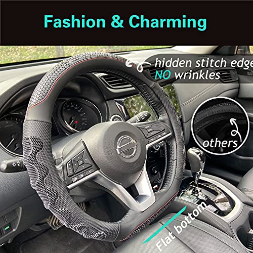 PINCTROT D Shaped 14.5-15 Inch Steering Wheel Cover Great Grip with 3D Honeycomb Anti-Slip Design, Flat Bottom 14.5-15 Inch (Black/Red Stitch) - Image 2