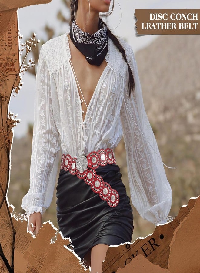WHIPPY Western Belts for Women Vintage Disc Waist Belts Concho Leather Belts Boho Waist Belt for Dress Jeans, Red, S - Image 4