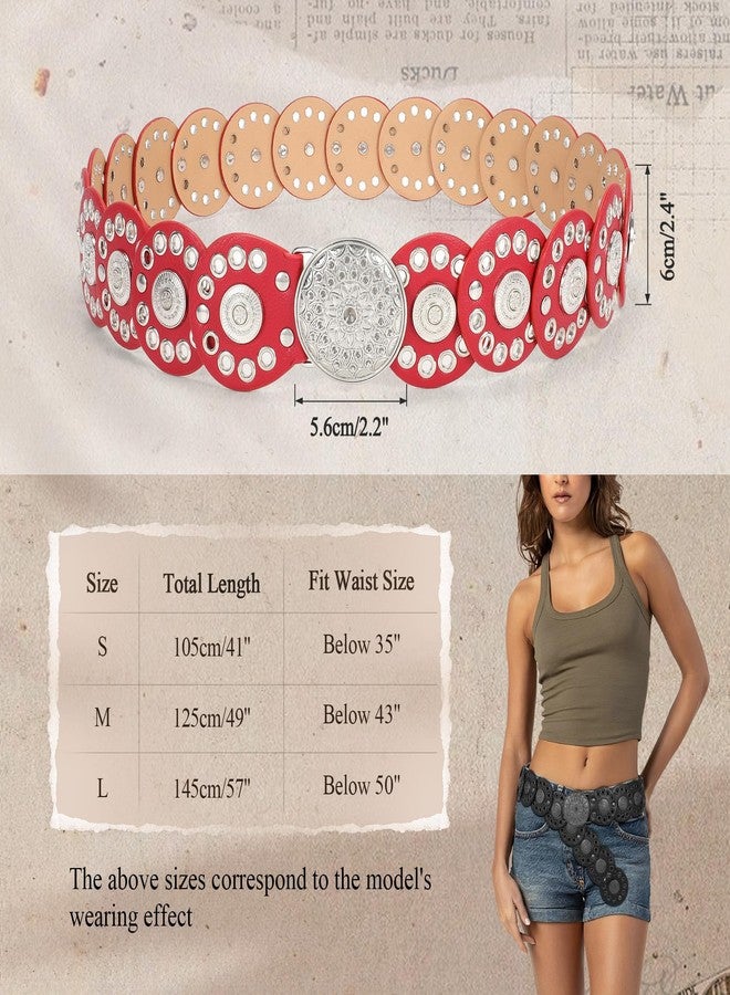 WHIPPY Western Belts for Women Vintage Disc Waist Belts Concho Leather Belts Boho Waist Belt for Dress Jeans, Red, S - Image 5