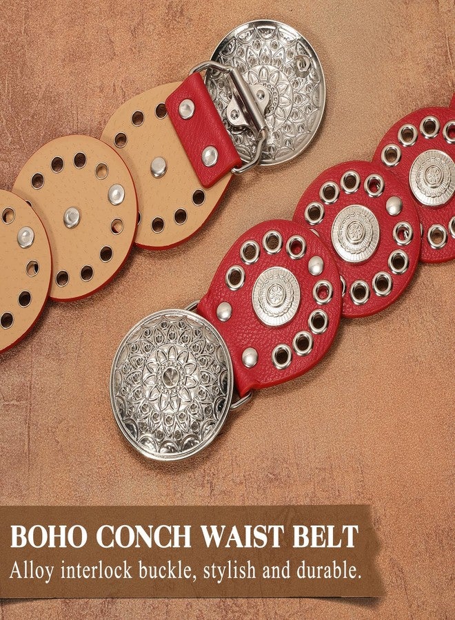 WHIPPY Western Belts for Women Vintage Disc Waist Belts Concho Leather Belts Boho Waist Belt for Dress Jeans, Red, S - Image 3