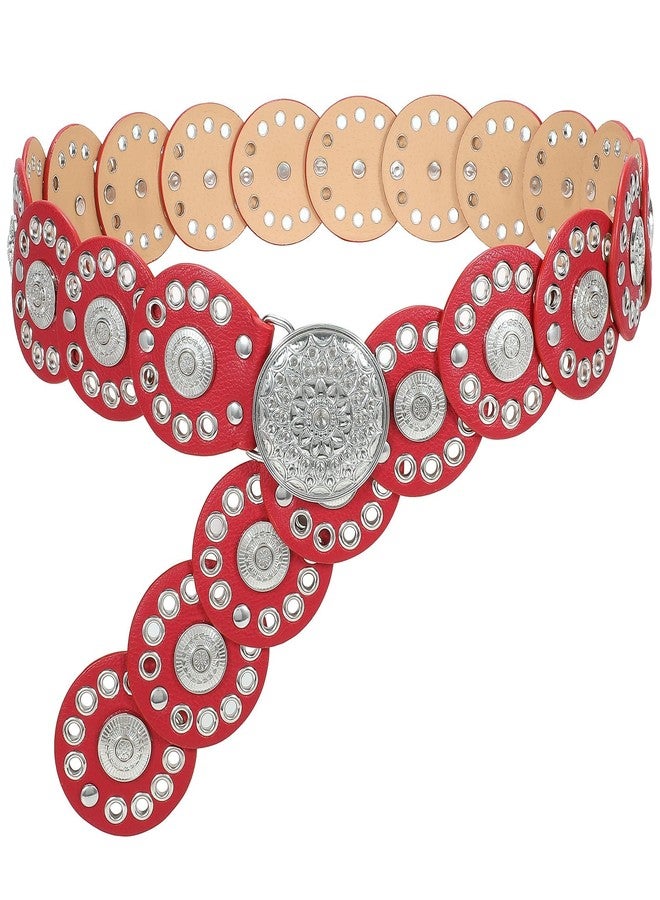 WHIPPY Western Belts for Women Vintage Disc Waist Belts Concho Leather Belts Boho Waist Belt for Dress Jeans, Red, S - Image 1