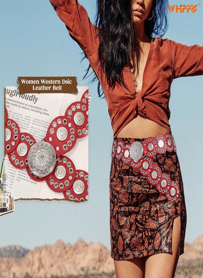 WHIPPY Western Belts for Women Vintage Disc Waist Belts Concho Leather Belts Boho Waist Belt for Dress Jeans, Red, S - Image 2