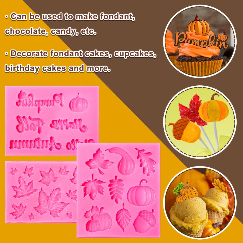 Whaline 3 Pack Fall Fondant Molds Autumn Pumpkin Maple Leaves Silicone Molds Hello Fall Candy Resin Chocolate Baking Mold for Autumn Harvest Cupcake Cake Topper Decoration Soap Jelly - Image 4