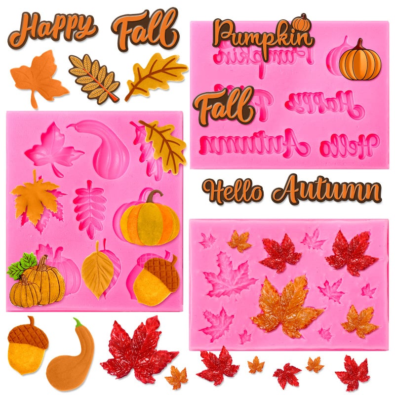 Whaline 3 Pack Fall Fondant Molds Autumn Pumpkin Maple Leaves Silicone Molds Hello Fall Candy Resin Chocolate Baking Mold for Autumn Harvest Cupcake Cake Topper Decoration Soap Jelly - Image 1