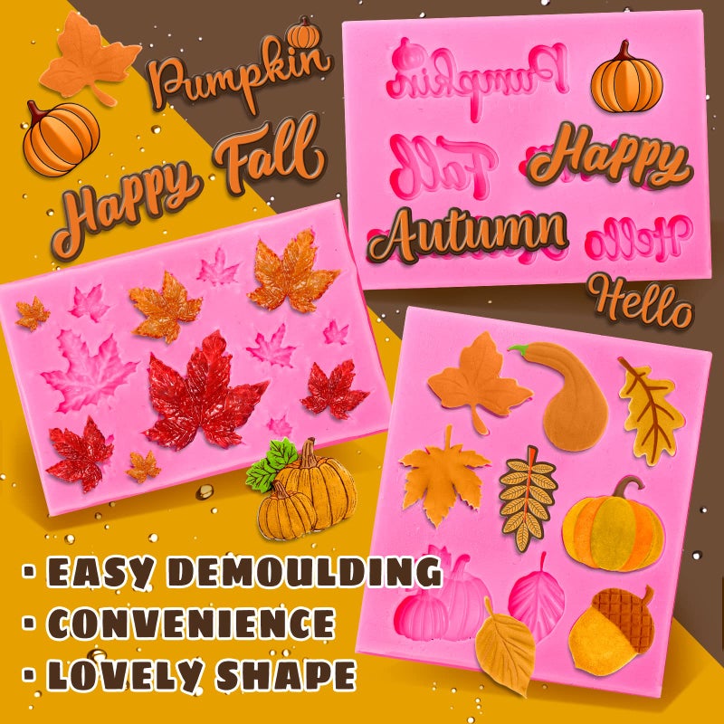 Whaline 3 Pack Fall Fondant Molds Autumn Pumpkin Maple Leaves Silicone Molds Hello Fall Candy Resin Chocolate Baking Mold for Autumn Harvest Cupcake Cake Topper Decoration Soap Jelly - Image 3
