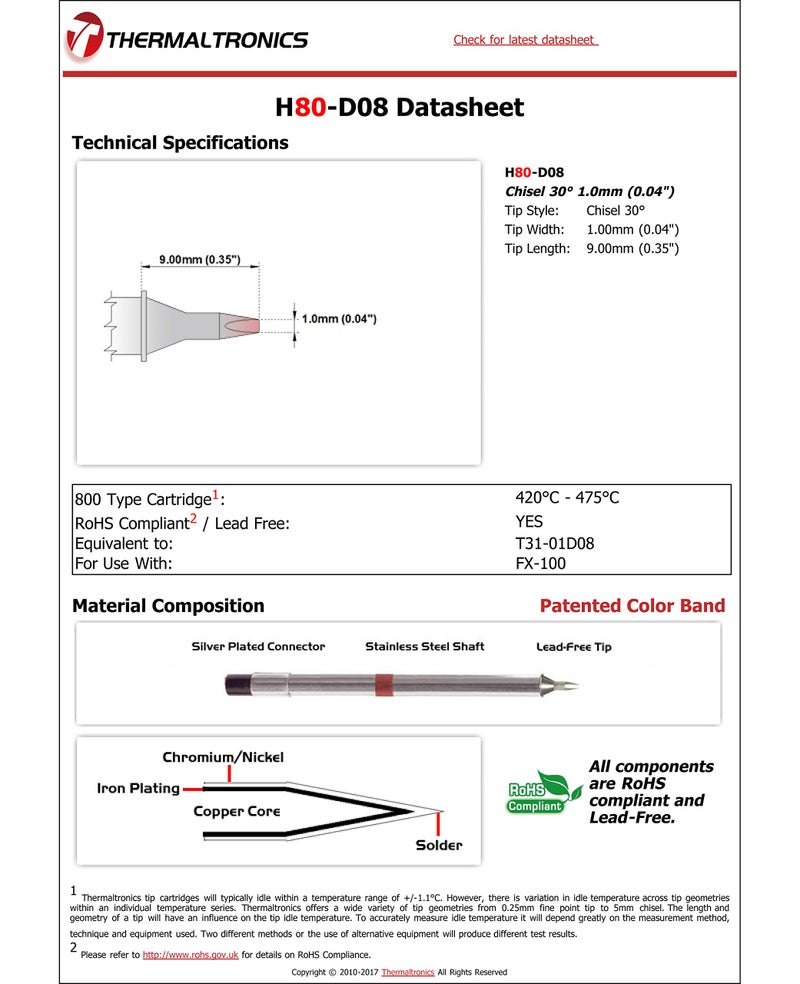 Thermaltronics H80-D08 Chisel 30deg 1.0mm (0.04in) interchangeable for Hakko T31-01D08 - Image 3
