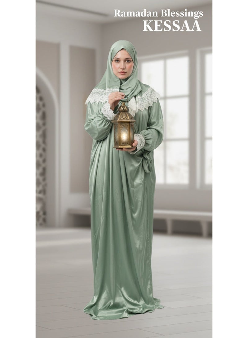 KESSAA Lamar Women’s Premium Prayer Isdal – Armani Silk Full-Coverage Salah Dress with Integrated Head Scarf | Non-Transparent Lightweight Fabric | Free Size Fits S–2XL | Modest Islamic Wear - Green - Image 5